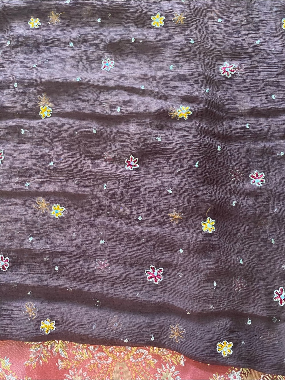 Embroidered Brown Sheer Scarf with Gold & Marigold Accents - Picture 6 of 7